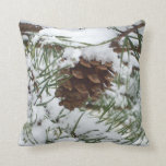 Snowy Pine Cone I Winter Nature Photography Throw Pillow