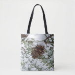 Snowy Pine Cone I Winter Nature Photography Tote Bag