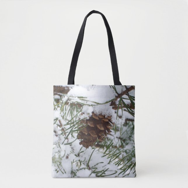 Snowy Pine Cone I Winter Nature Photography Tote Bag (Front)