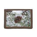 Snowy Pine Cone I Winter Nature Photography Tri-fold Wallet