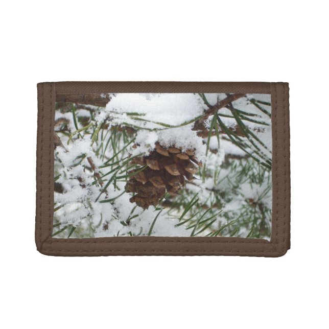 Snowy Pine Cone I Winter Nature Photography Tri-fold Wallet (Front)
