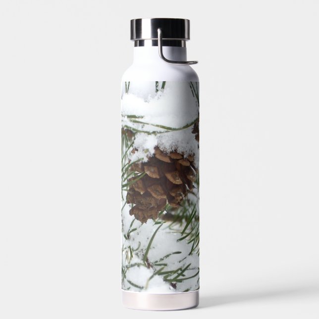 Snowy Pine Cone I Winter Nature Photography Water Bottle (Left)
