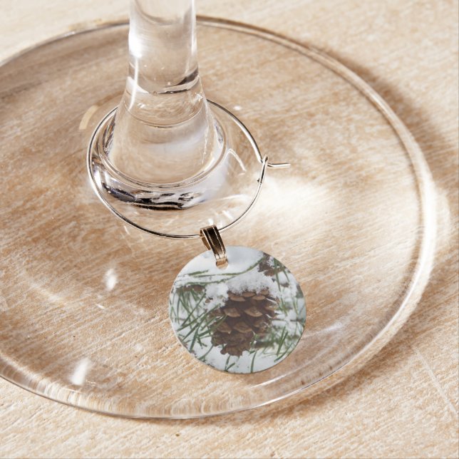 Snowy Pine Cone I Winter Nature Photography Wine Glass Charm (In Situ)