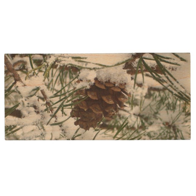 Snowy Pine Cone I Winter Nature Photography Wood Flash Drive (Front)