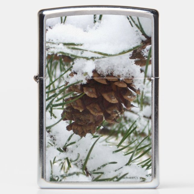 Snowy Pine Cone I Winter Nature Photography Zippo Lighter (Front)