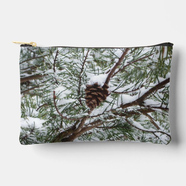 Snowy Pine Cone II Winter Nature Photography Accessory Pouch (Front)