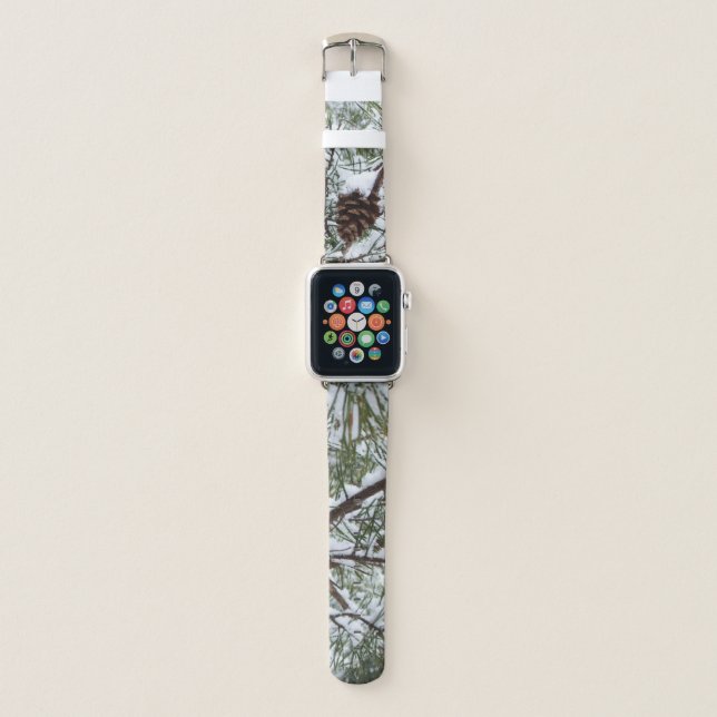 Snowy Pine Cone II Winter Nature Photography Apple Watch Band (Front)