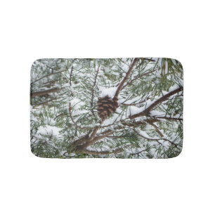 Snowy Pine Cone II Winter Nature Photography Bath Mat