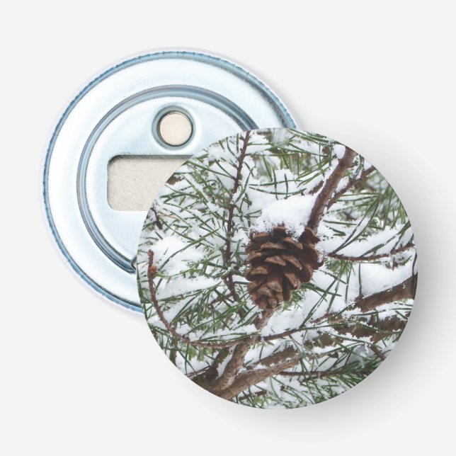 Snowy Pine Cone II Winter Nature Photography Bottle Opener (Front)
