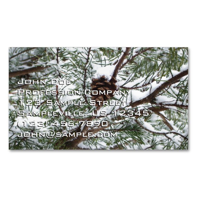 Snowy Pine Cone II Winter Nature Photography Business Card Magnet (Front)