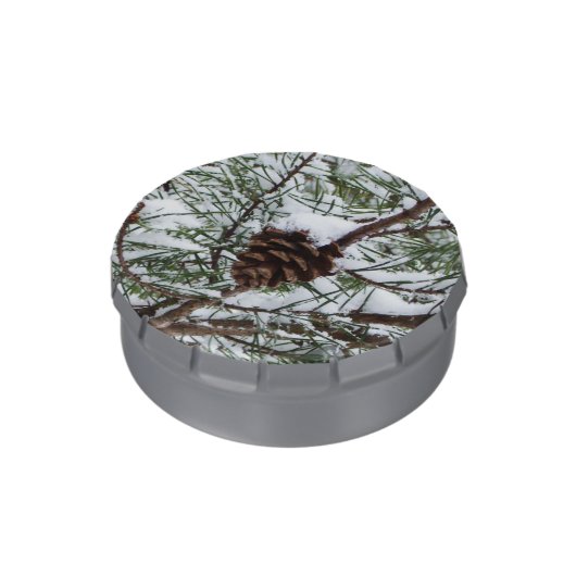 Snowy Pine Cone II Winter Nature Photography Candy Tin (Side)