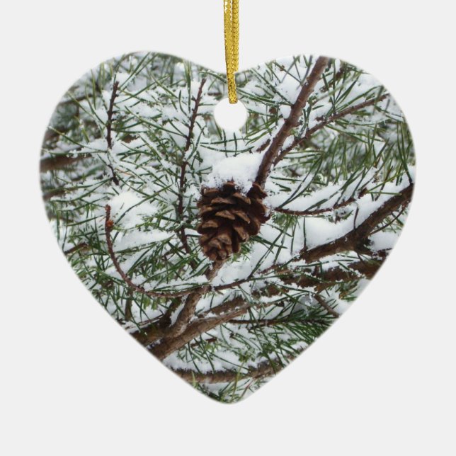Snowy Pine Cone II Winter Nature Photography Ceramic Ornament (Front)