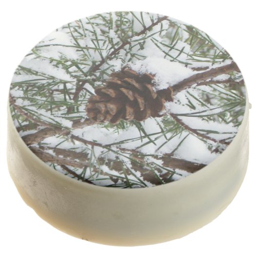 Snowy Pine Cone II Winter Nature Photography Chocolate Covered Oreo (Angled)