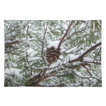 Snowy Pine Cone Ii Winter Nature Photography Cloth Placemat by mlewallpapers at Zazzle
