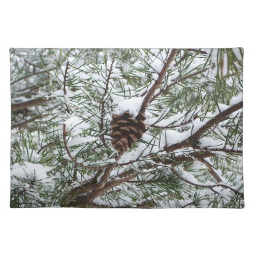 Snowy Pine Cone II Winter Nature Photography Cloth Placemat