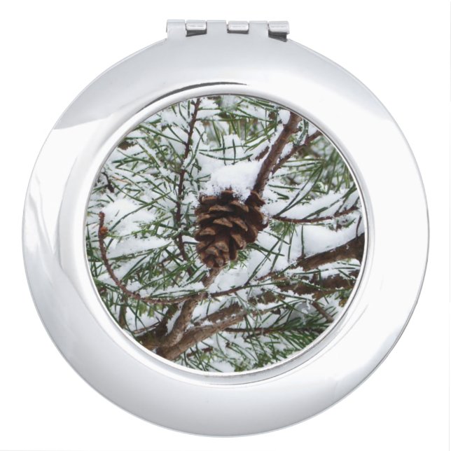 Snowy Pine Cone II Winter Nature Photography Compact Mirror (Front)