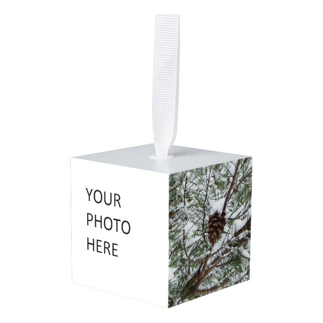 Snowy Pine Cone II Winter Nature Photography Cube Ornament (Front Angled)