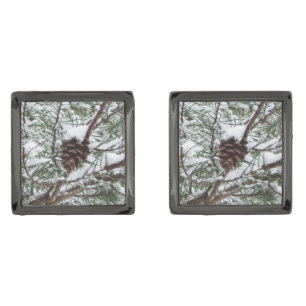 Snowy Pine Cone II Winter Nature Photography Cufflinks