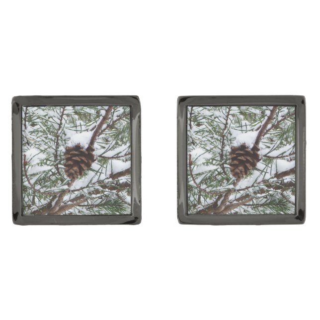 Snowy Pine Cone II Winter Nature Photography Cufflinks (Front)