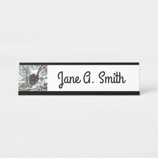 Snowy Pine Cone II Winter Nature Photography Desk Name Plate (Front)