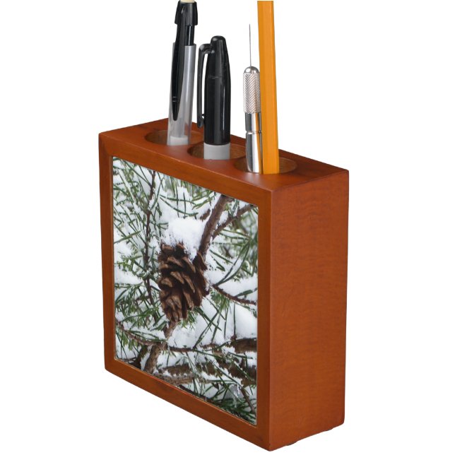 Snowy Pine Cone II Winter Nature Photography Desk Organizer (In Situ)