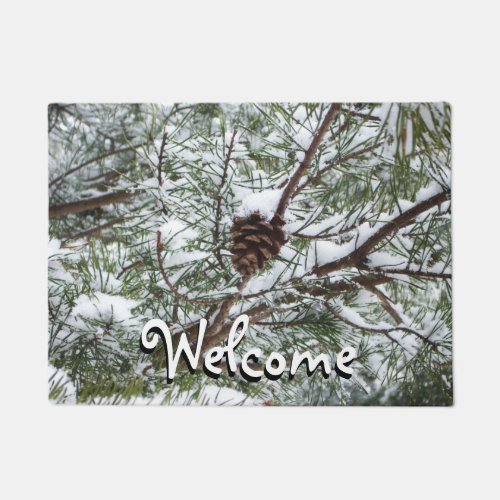 Snowy Pine Cone II Winter Nature Photography Doormat