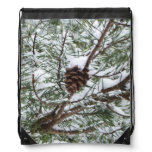 Snowy Pine Cone II Winter Nature Photography Drawstring Bag