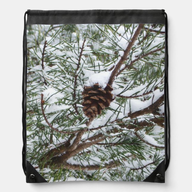 Snowy Pine Cone II Winter Nature Photography Drawstring Bag (Front)