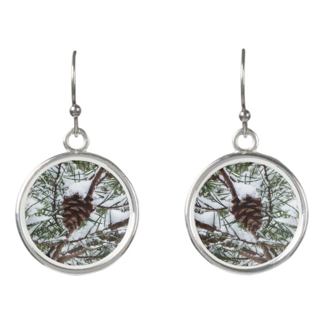 Snowy Pine Cone II Winter Nature Photography Earrings (Front)