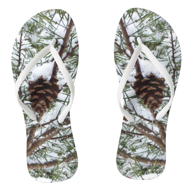 Snowy Pine Cone II Winter Nature Photography Flip Flops (Footbed)