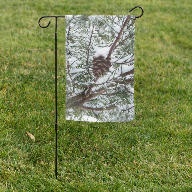 Snowy Pine Cone II Winter Nature Photography Garden Flag (In SItu)