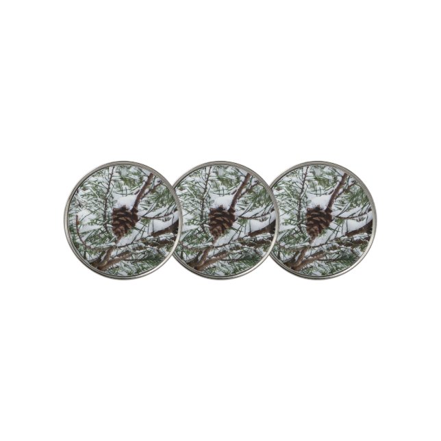 Snowy Pine Cone II Winter Nature Photography Golf Ball Marker (3 Up)