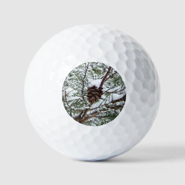 Snowy Pine Cone II Winter Nature Photography Golf Balls (Front)