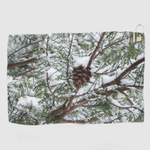 Snowy Pine Cone II Winter Nature Photography Golf Towel