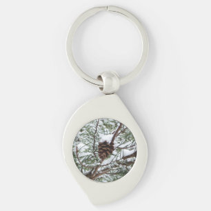 Snowy Pine Cone II Winter Nature Photography Keychain
