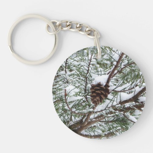 Snowy Pine Cone II Winter Nature Photography Keychain