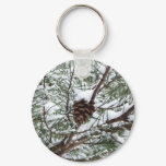 Snowy Pine Cone II Winter Nature Photography Keychain