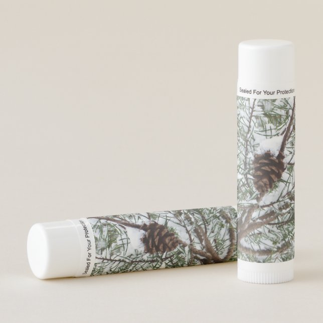 Snowy Pine Cone II Winter Nature Photography Lip Balm (Front)