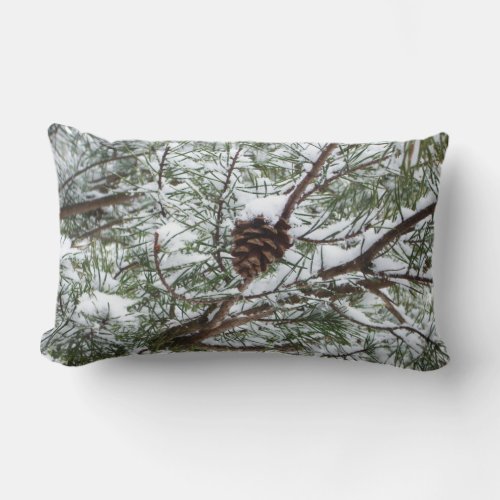 Snowy Pine Cone II Winter Nature Photography Lumbar Pillow
