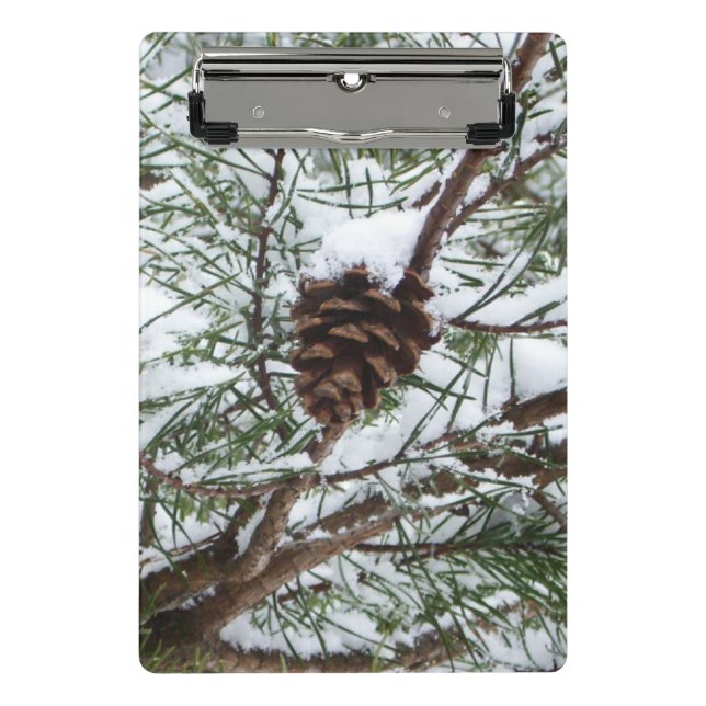 Snowy Pine Cone II Winter Nature Photography Mini Clipboard (Front)
