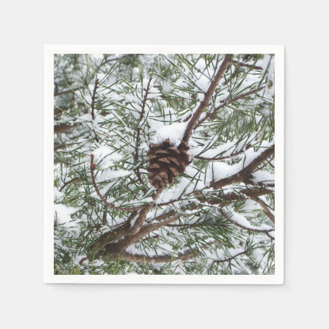 Snowy Pine Cone II Winter Nature Photography Paper Napkins (Front)