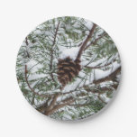Snowy Pine Cone II Winter Nature Photography Paper Plates