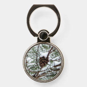 Snowy Pine Cone II Winter Nature Photography Phone Ring Stand