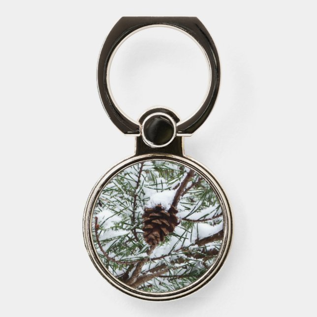 Snowy Pine Cone II Winter Nature Photography Phone Ring Stand (Front)