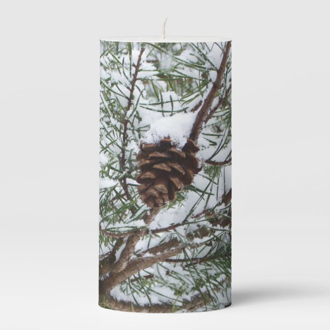 Snowy Pine Cone II Winter Nature Photography Pillar Candle (Front)