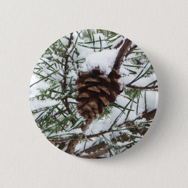 Snowy Pine Cone II Winter Nature Photography Pinback Button (Front)
