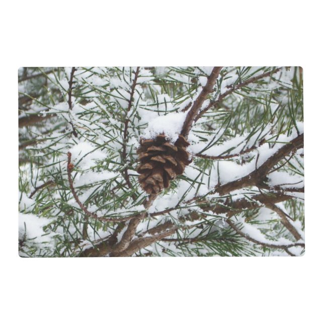 Snowy Pine Cone II Winter Nature Photography Placemat (Front)