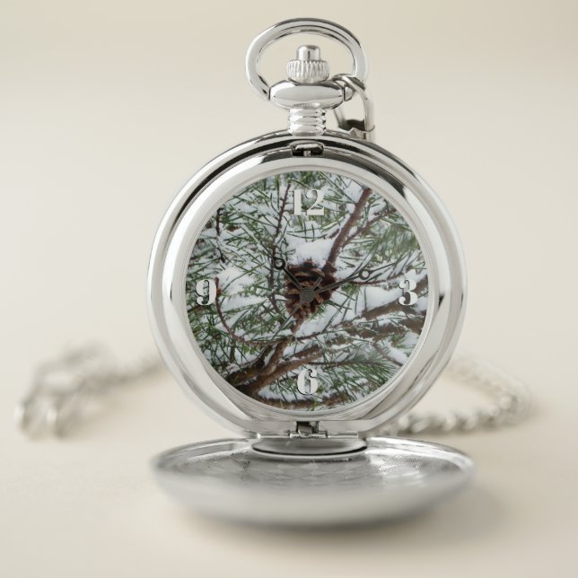 Snowy Pine Cone II Winter Nature Photography Pocket Watch (Inside)