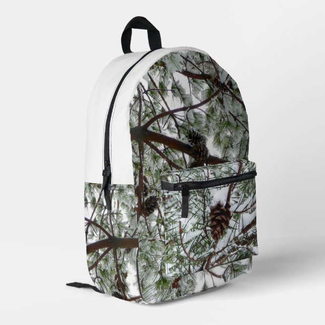Snowy Pine Cone II Winter Nature Photography Printed Backpack (Back Corner Left)