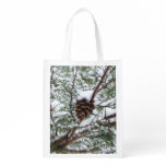 Snowy Pine Cone II Winter Nature Photography Reusable Grocery Bag
